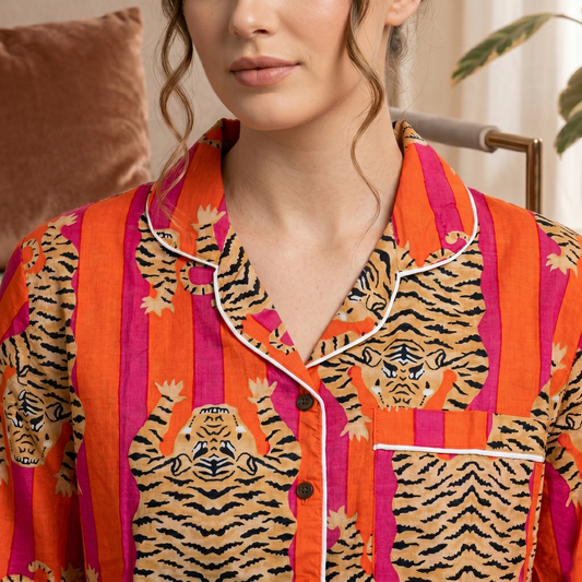 Orange & Pink Stripe Tiger Print Cotton Pajama Set, Wild Jungle Sleepwear & Loungewear
