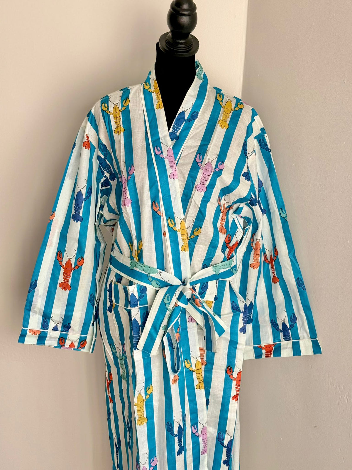 Hot Pink & White Striped Cotton Kimono | Multi-Colored Lobster Motif Lounge & Spa Robe