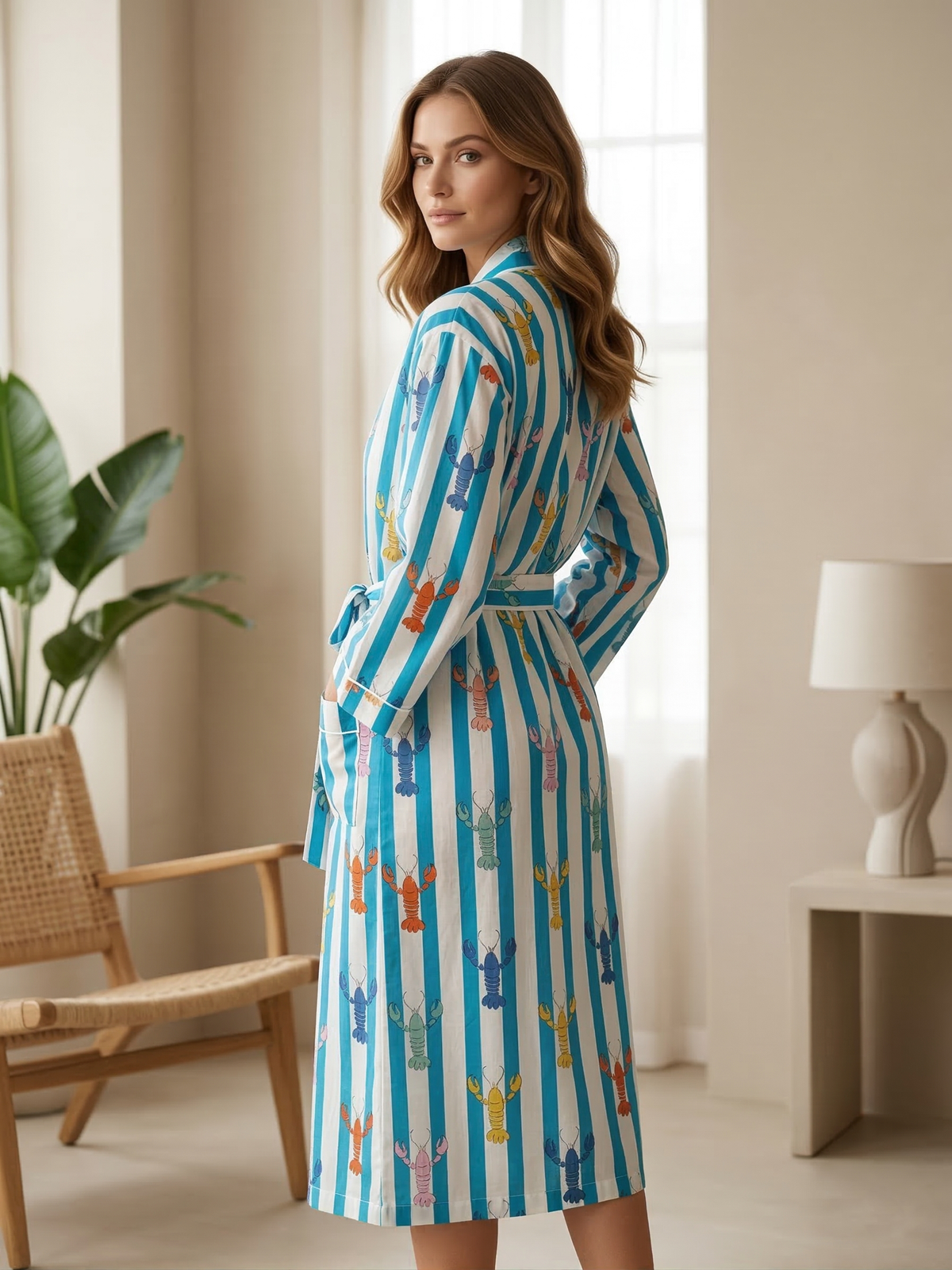 Hot Pink & White Striped Cotton Kimono | Multi-Colored Lobster Motif Lounge & Spa Robe