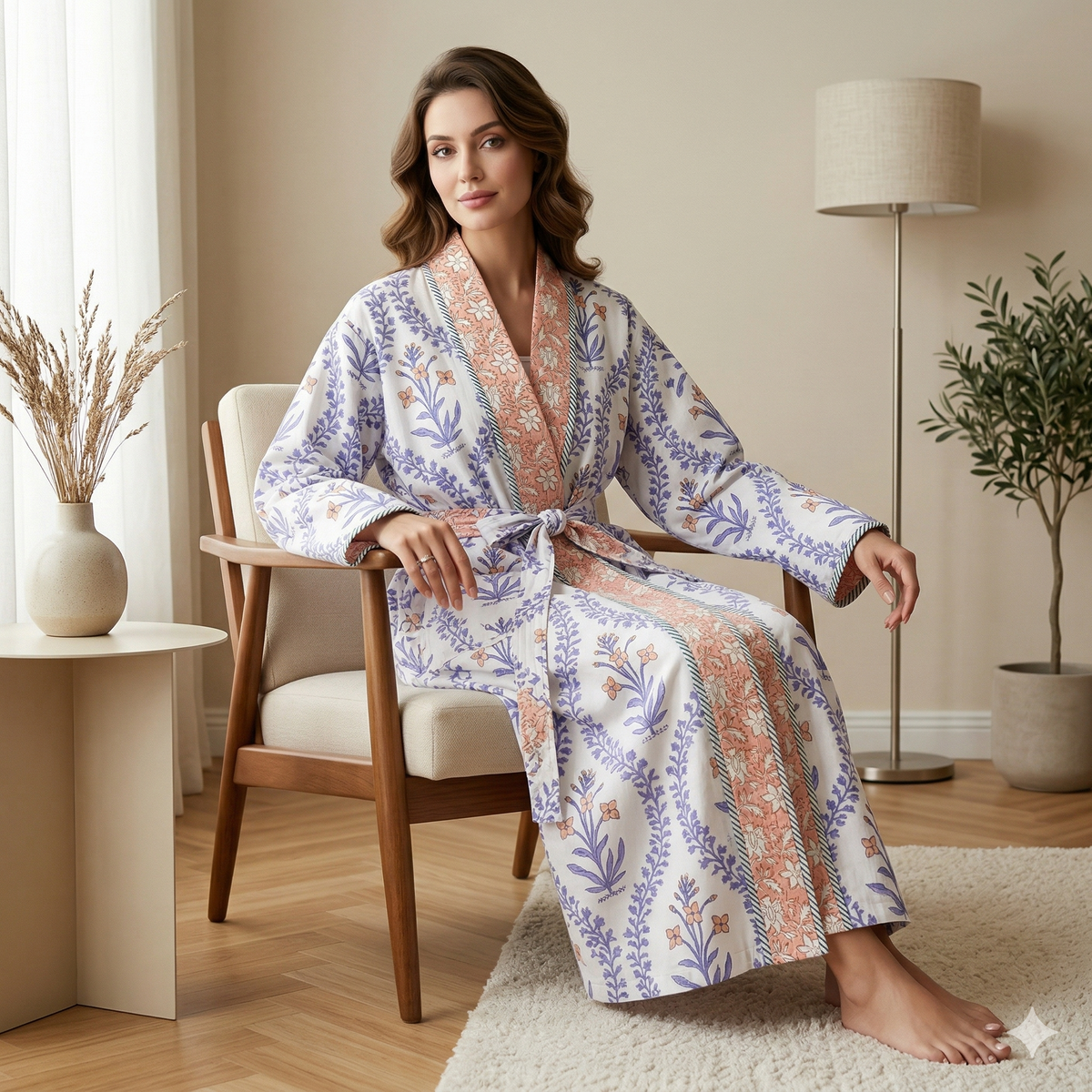 Reversible Indian Block Print Kimono | Sage Green & Pink Tulip Motif Cotton Lounge Robe