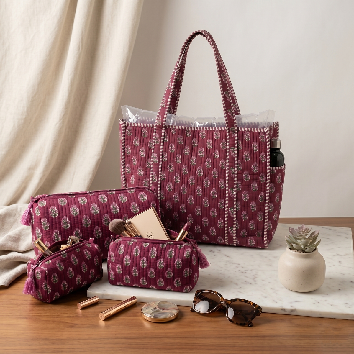 Handmade Maroon Floral Buti Block Print Quilted Cotton Tote Bag, Indian Boho Shoulder Bag, Minimalist Botanical Travel Beach Bag