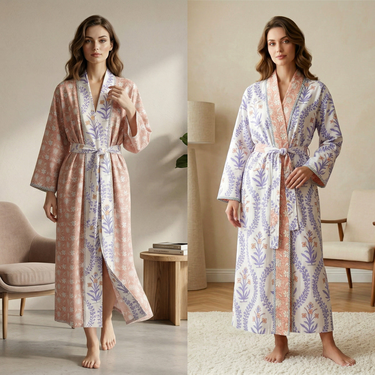 Reversible Indian Block Print Kimono | Sage Green & Pink Tulip Motif Cotton Lounge Robe