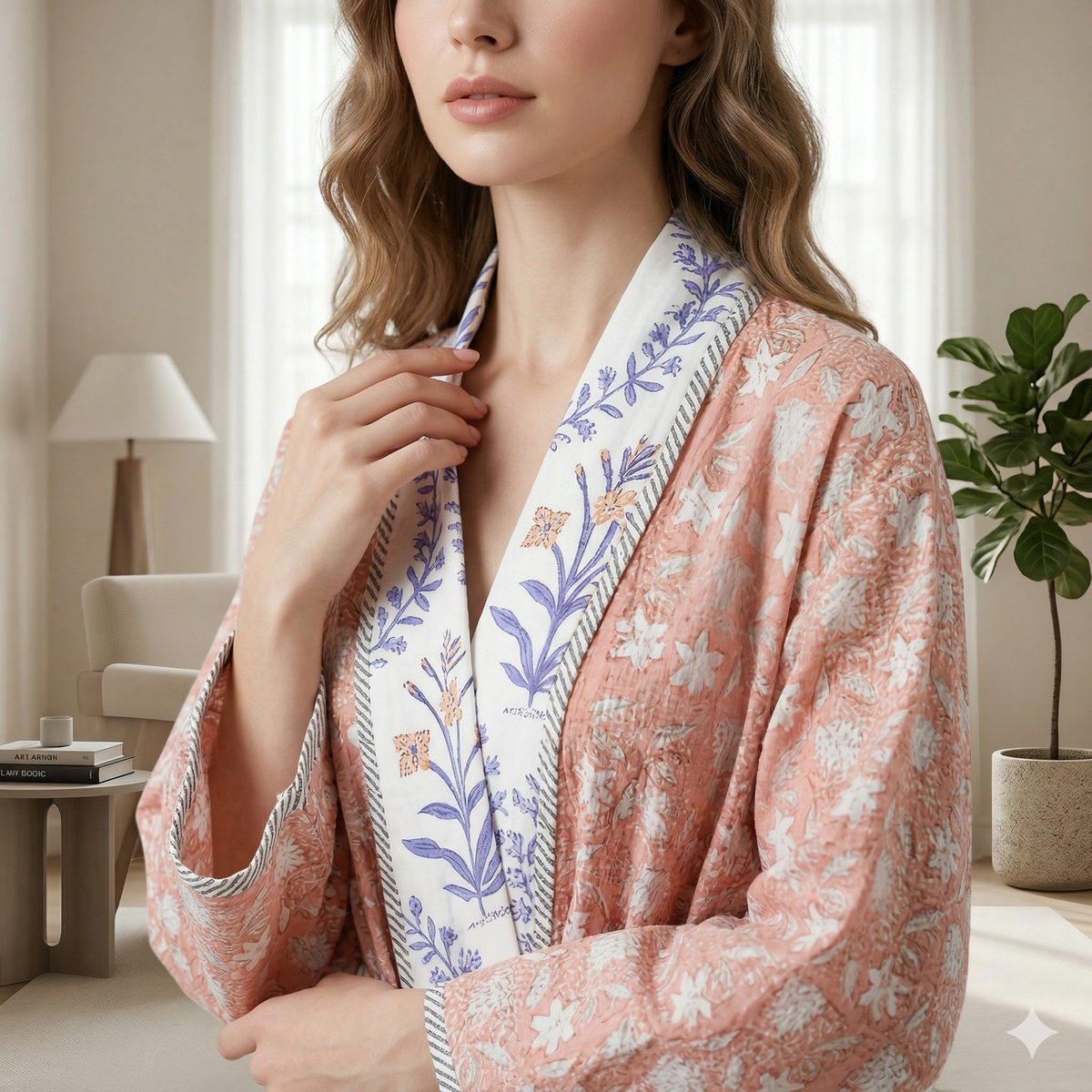 Reversible Indian Block Print Kimono | Sage Green & Pink Tulip Motif Cotton Lounge Robe