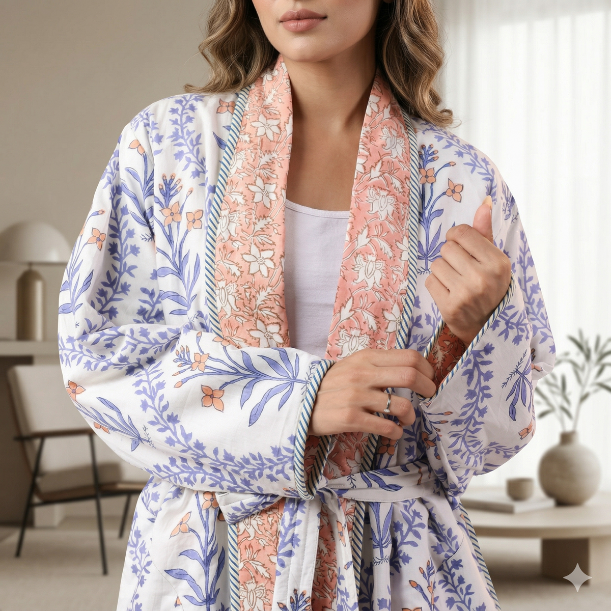 Reversible Indian Block Print Kimono | Sage Green & Pink Tulip Motif Cotton Lounge Robe