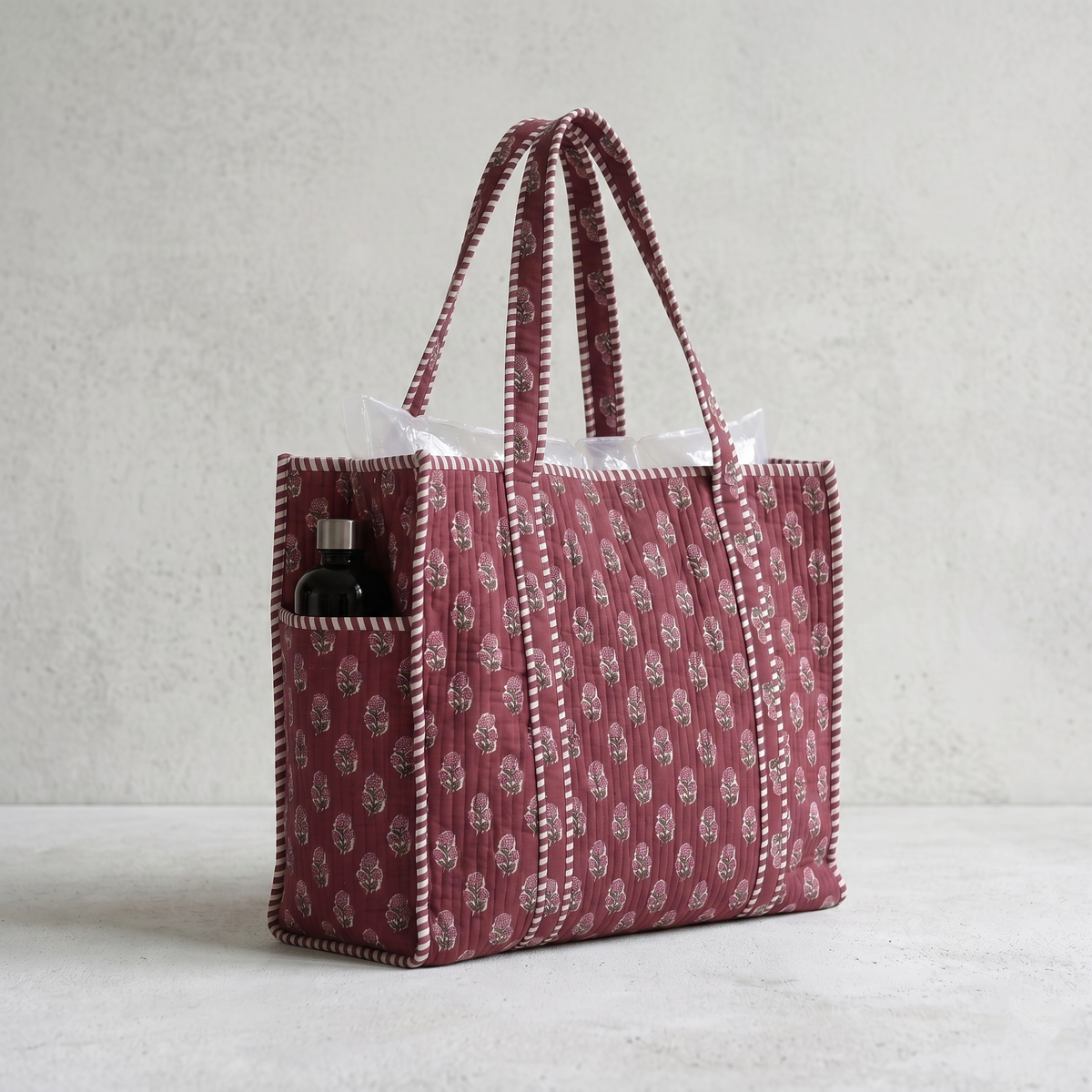 Handmade Maroon Floral Buti Block Print Quilted Cotton Tote Bag, Indian Boho Shoulder Bag, Minimalist Botanical Travel Beach Bag