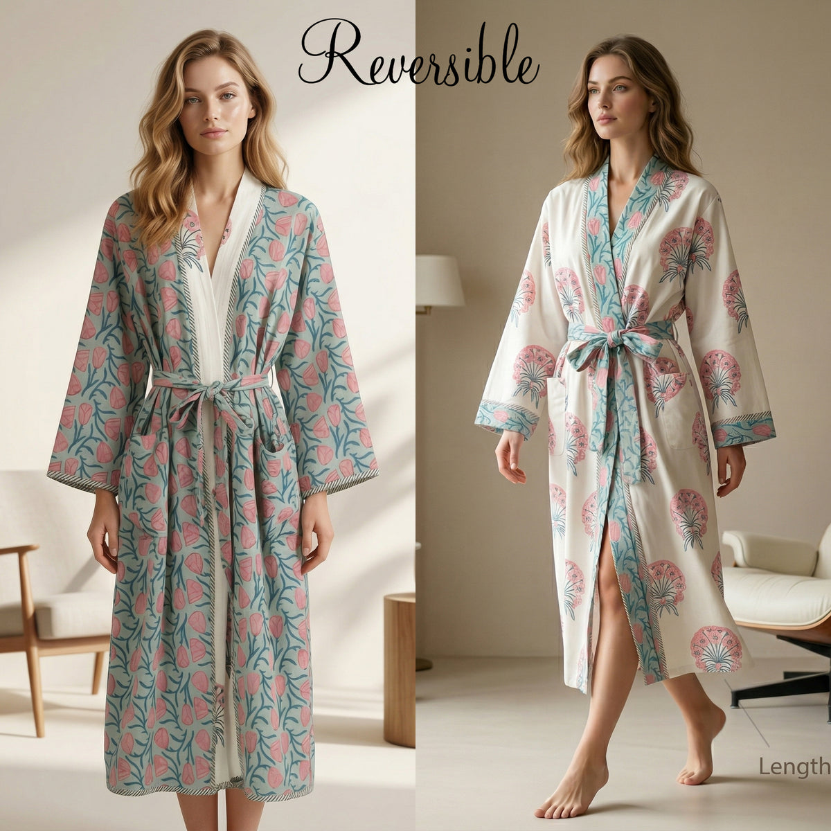 Reversible Indian Block Print Kimono | Sage Green & Pink Tulip Motif Cotton Lounge Robe