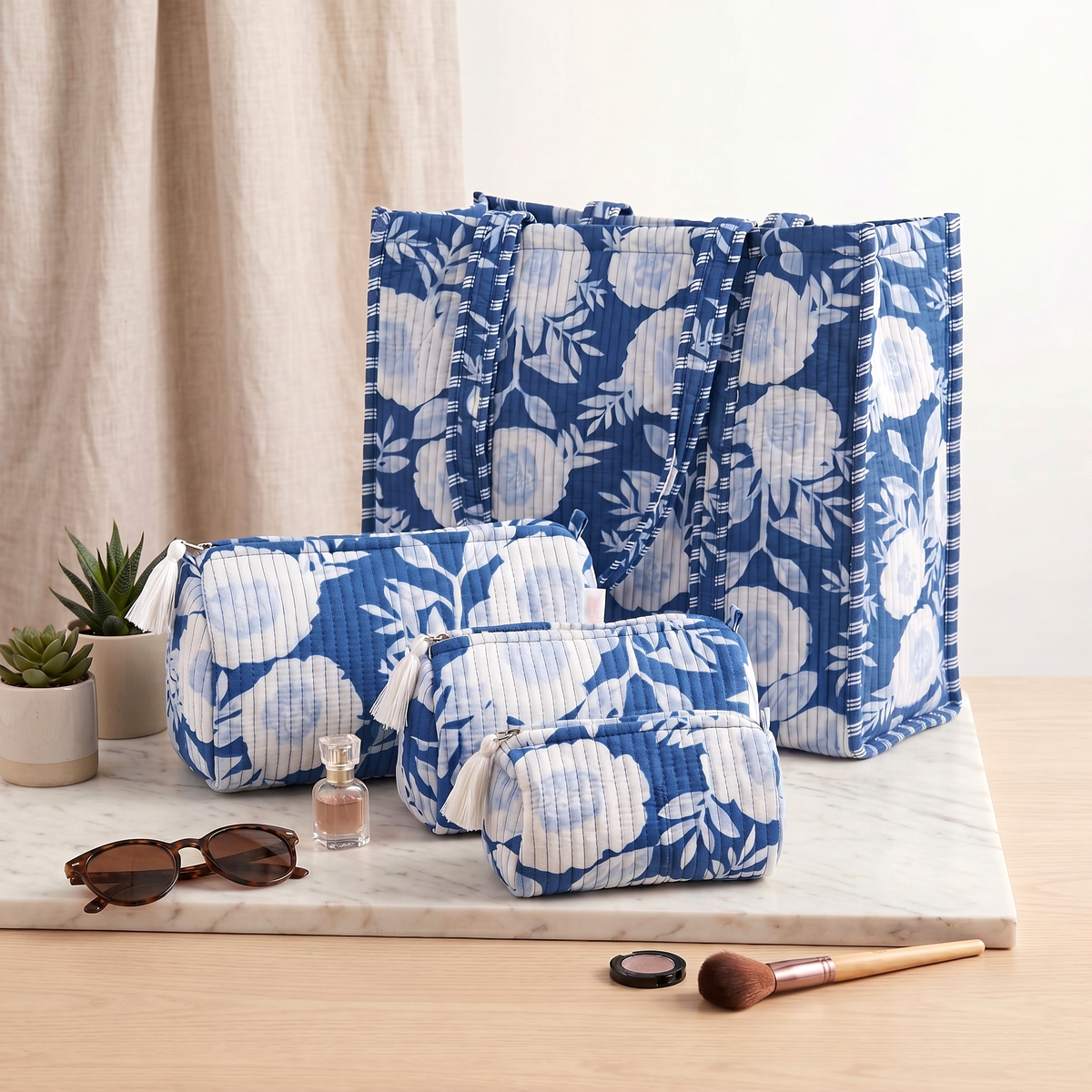 Handmade Indigo White Floral Block Print Quilted Cotton Tote Bag, Indian Boho Shoulder Bag, Botanical Travel Shopping Beach Bag