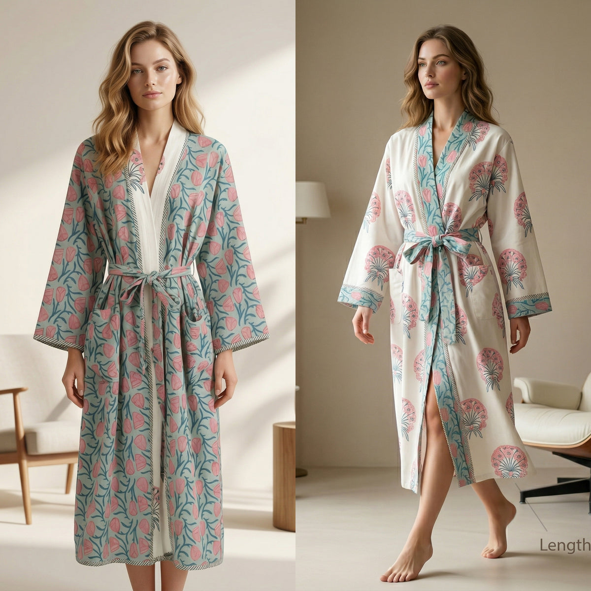 Reversible Indian Block Print Kimono | Sage Green & Pink Tulip Motif Cotton Lounge Robe