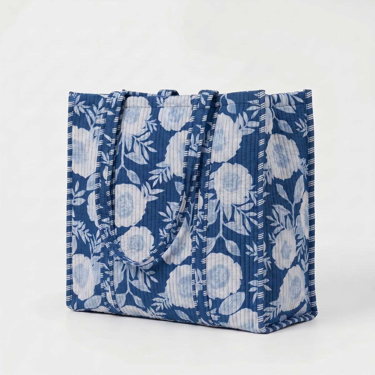 Handmade Indigo White Floral Block Print Quilted Cotton Tote Bag, Indian Boho Shoulder Bag, Botanical Travel Shopping Beach Bag