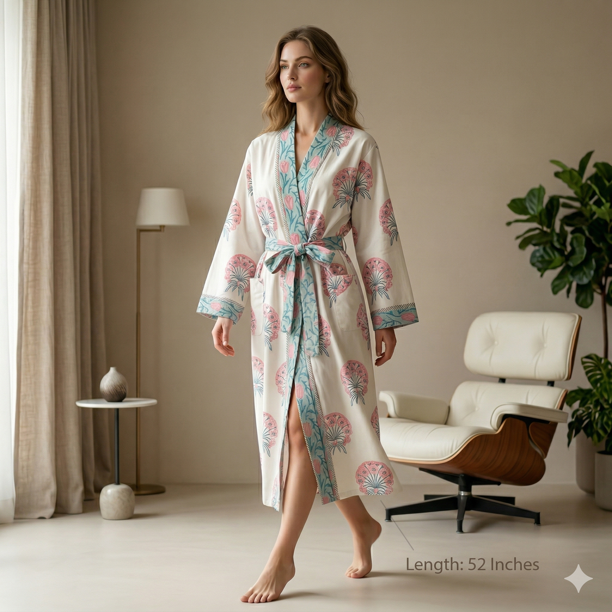 Reversible Indian Block Print Kimono | Sage Green & Pink Tulip Motif Cotton Lounge Robe
