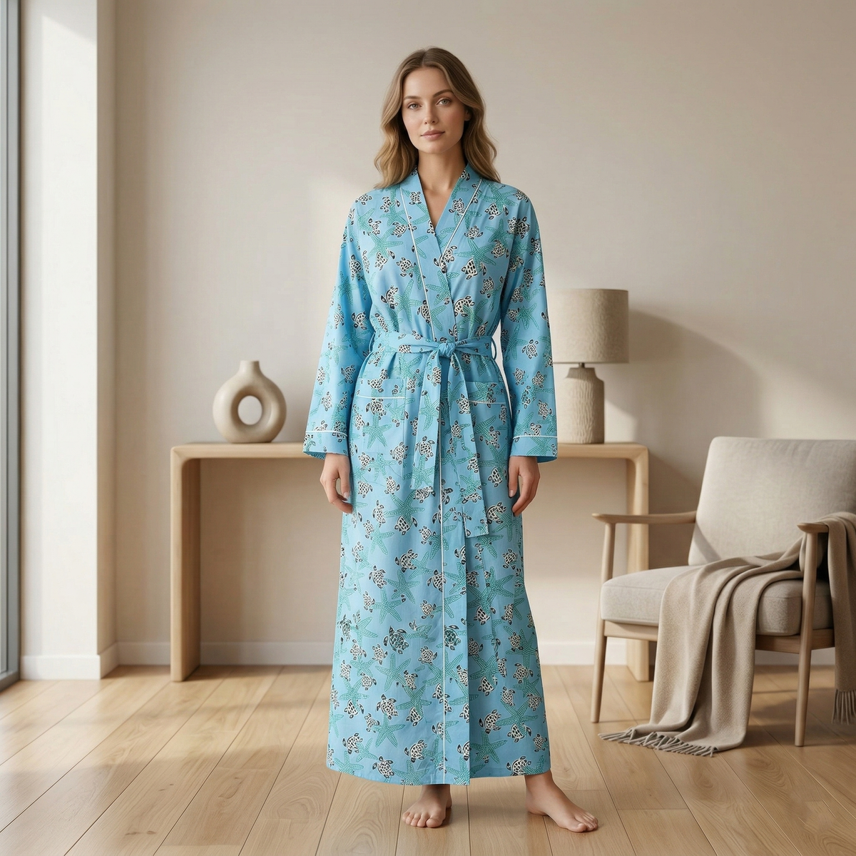 Ocean Blue Cotton Kimono Bathrobe | Sea Turtle & Starfish Print Beach Resort Lounge Wear