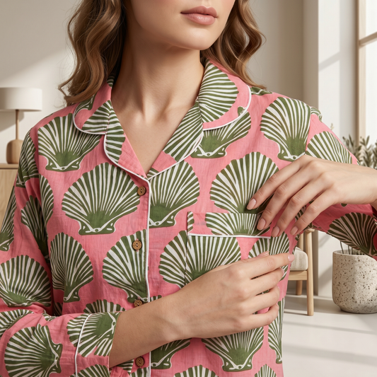 Seashell Block Print Cotton Nightwear Set, Soft Cotton Lounge & Sleepwear For Women, Bridesmaids Loungewear