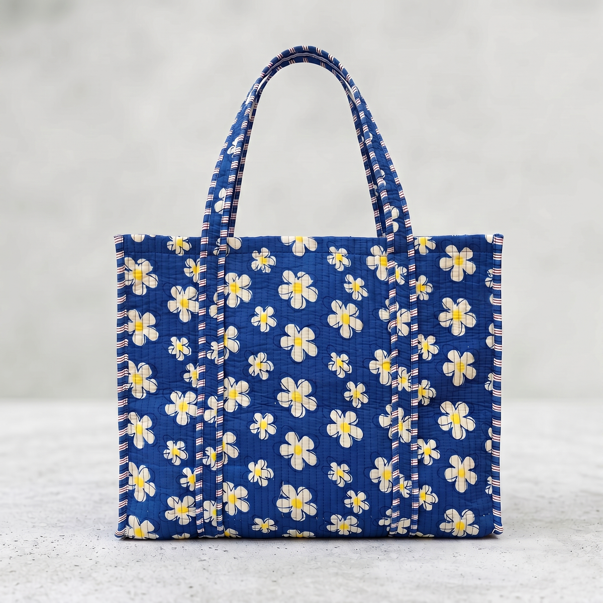 Handmade Royal Blue Daisy Block Print Quilted Cotton Tote Bag, Indian Boho Shoulder Bag, Floral Travel Shopping Beach Bag
