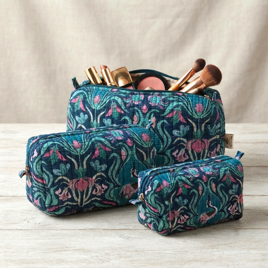 Set Of 3 Makeup Bag, Teal Heron Botanical Block Print Cotton Travel Case, Quilted Cosmetic Storage Bag Set