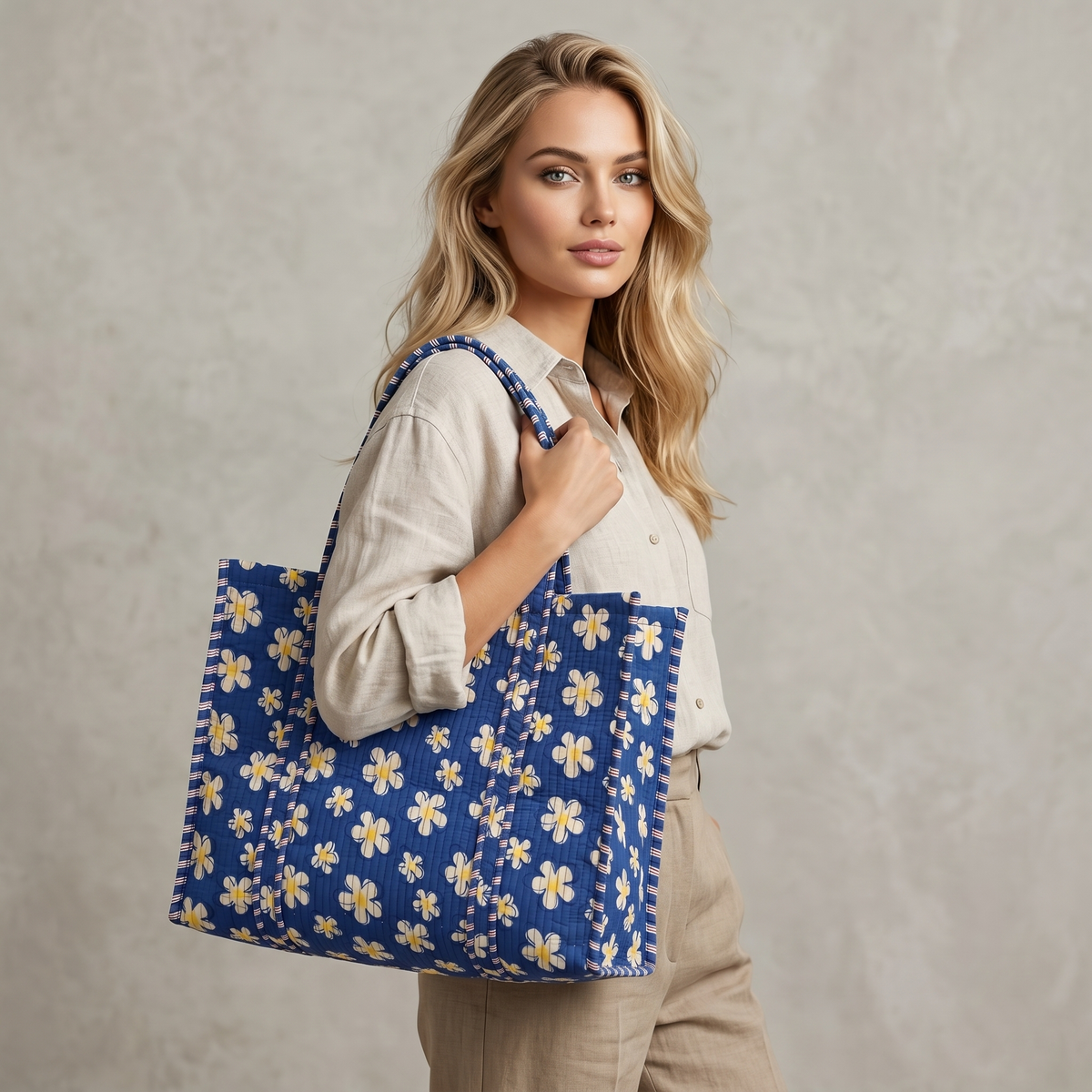 Handmade Royal Blue Daisy Block Print Quilted Cotton Tote Bag, Indian Boho Shoulder Bag, Floral Travel Shopping Beach Bag
