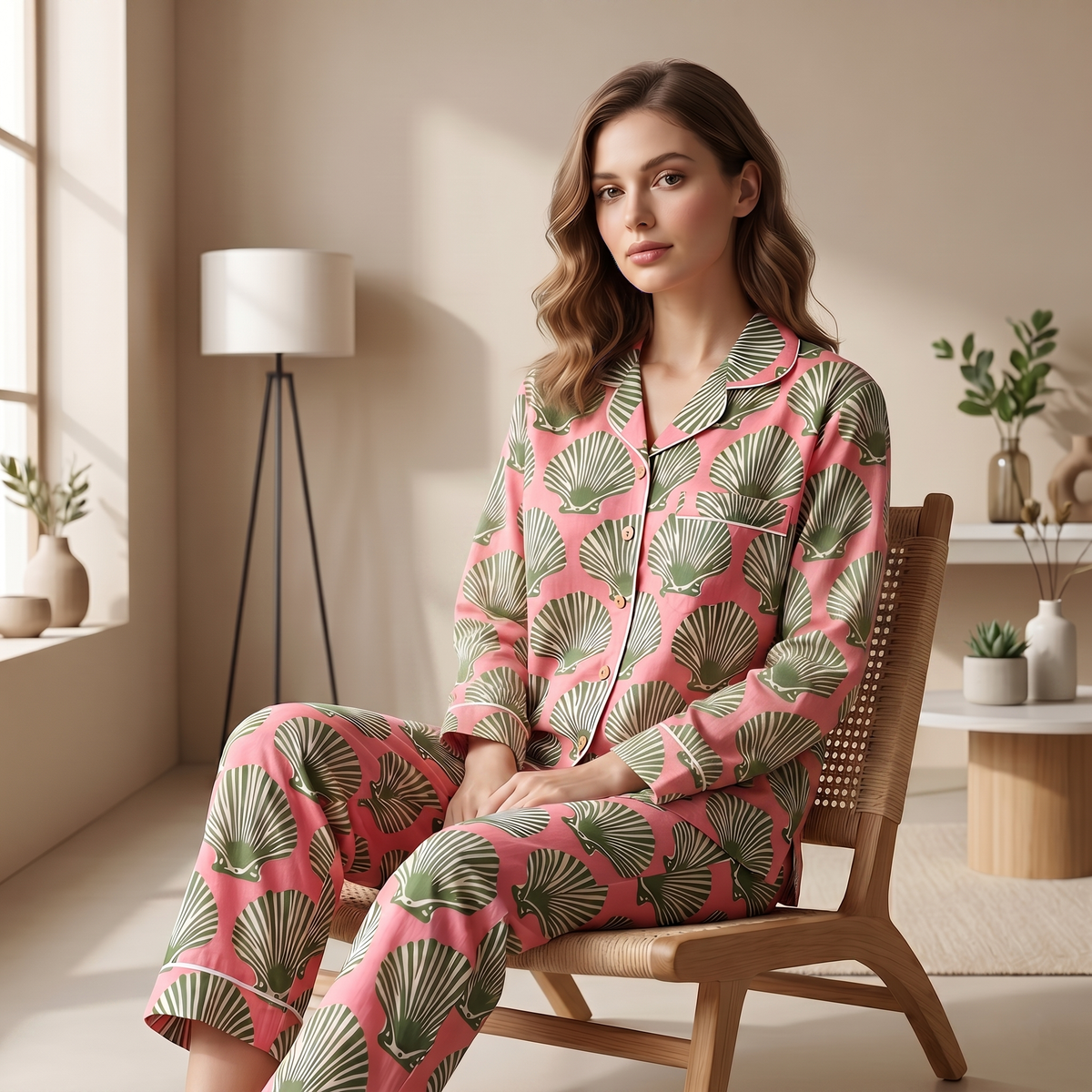 Seashell Block Print Cotton Nightwear Set, Soft Cotton Lounge & Sleepwear For Women, Bridesmaids Loungewear