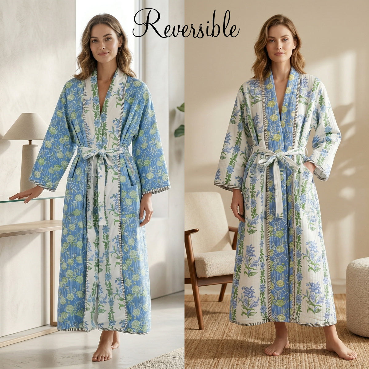Reversible Indian Block Print Kimono | Sage Green & Pink Tulip Motif Cotton Lounge Robe