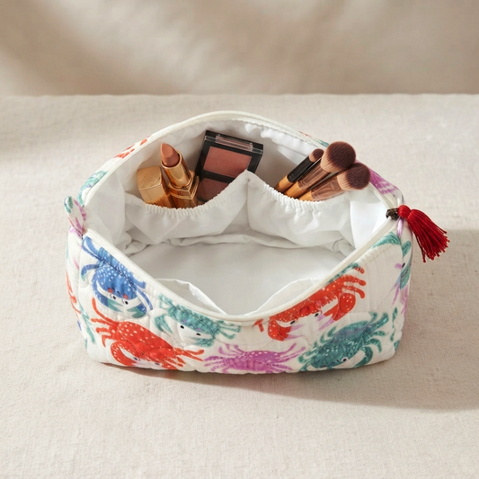 Set Of 3 Makeup Bag, Ocean Crab Print Cotton Travel Case, Quilted Cosmetic Storage Bag Set