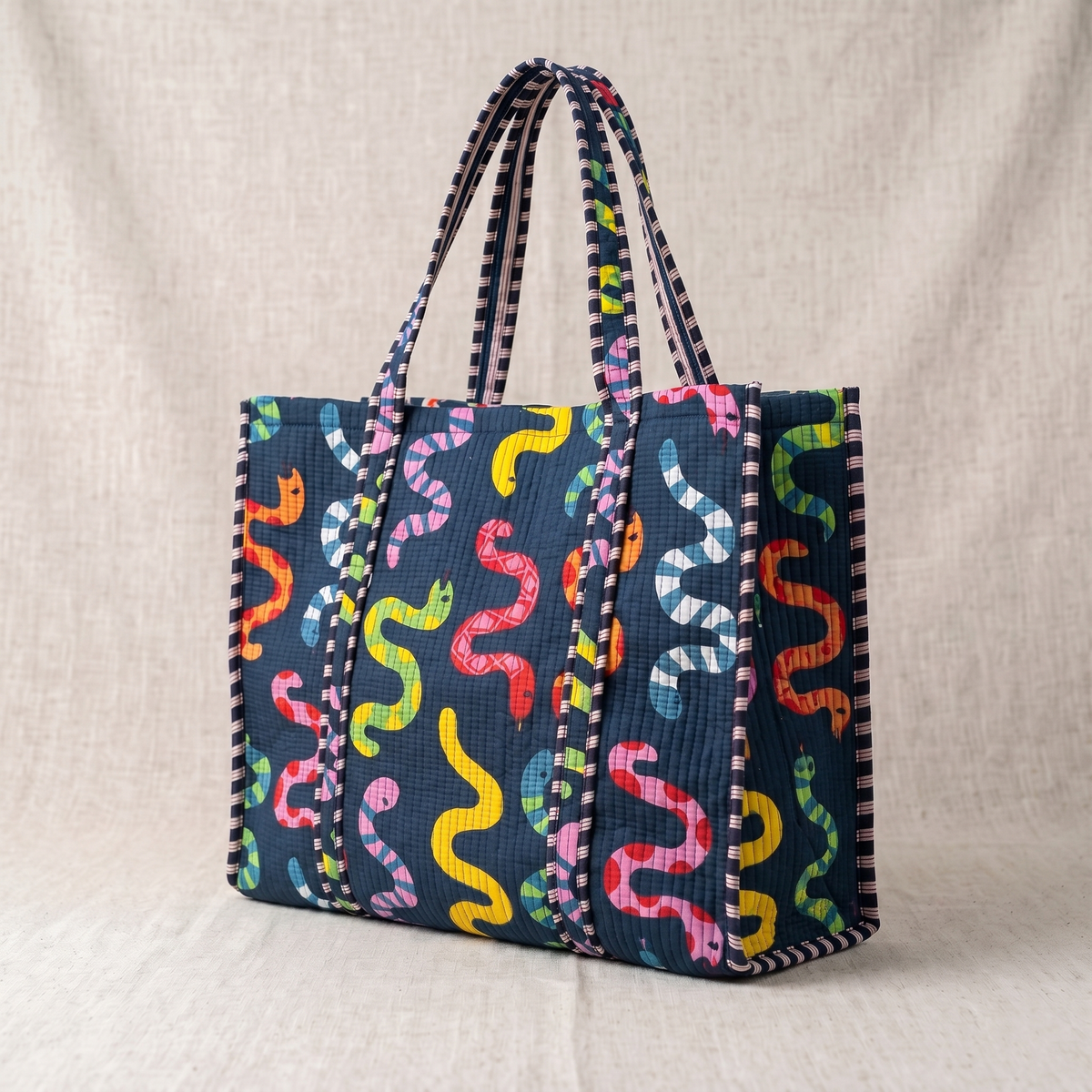 Handmade Navy Snake Print Quilted Cotton Tote Bag, Indian Block Print Serpent Boho Shoulder Bag, Animal Print Travel Beach Bag
