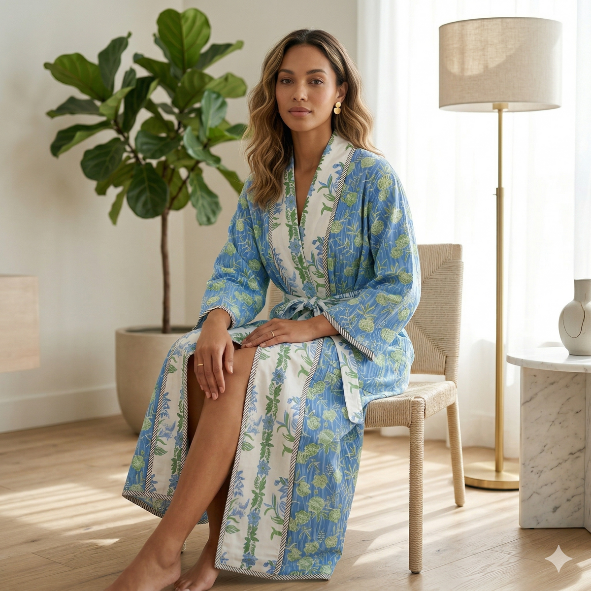 Reversible Indian Block Print Kimono | Sage Green & Pink Tulip Motif Cotton Lounge Robe