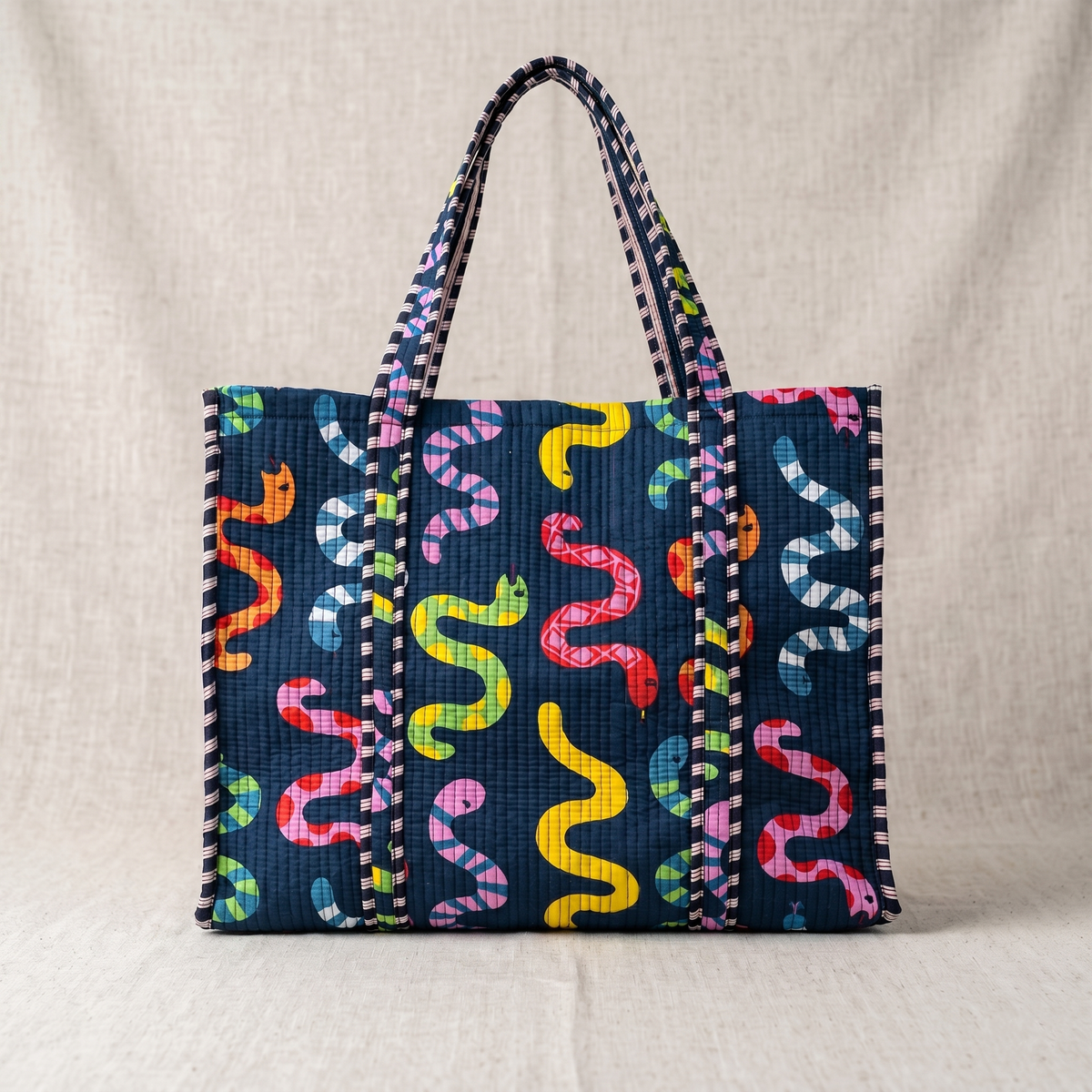 Handmade Navy Snake Print Quilted Cotton Tote Bag, Indian Block Print Serpent Boho Shoulder Bag, Animal Print Travel Beach Bag