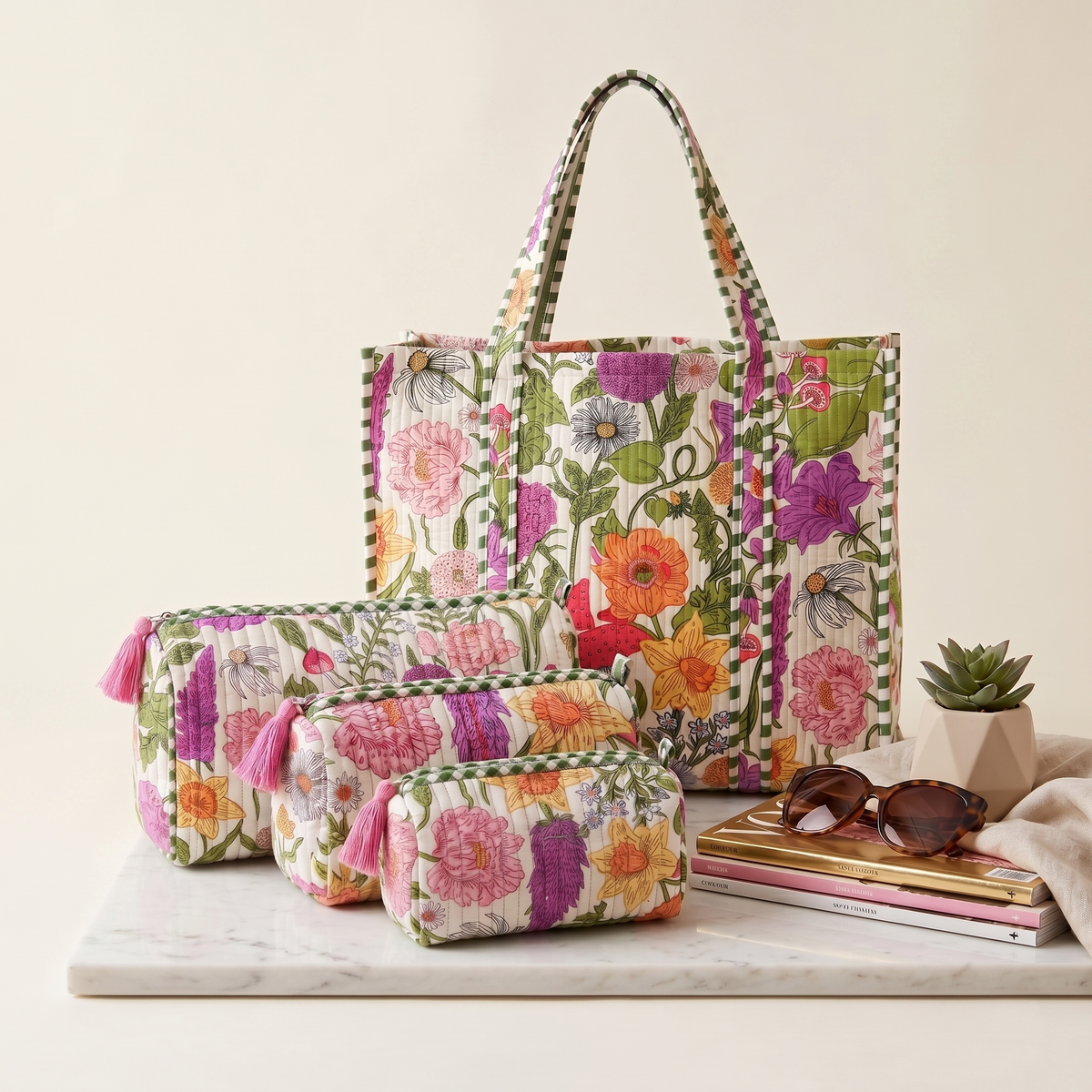 Handmade Cream Wildflower Meadow Block Print Quilted Cotton Tote Bag, Indian Boho Shoulder Bag, Floral Garden Travel Beach Bag