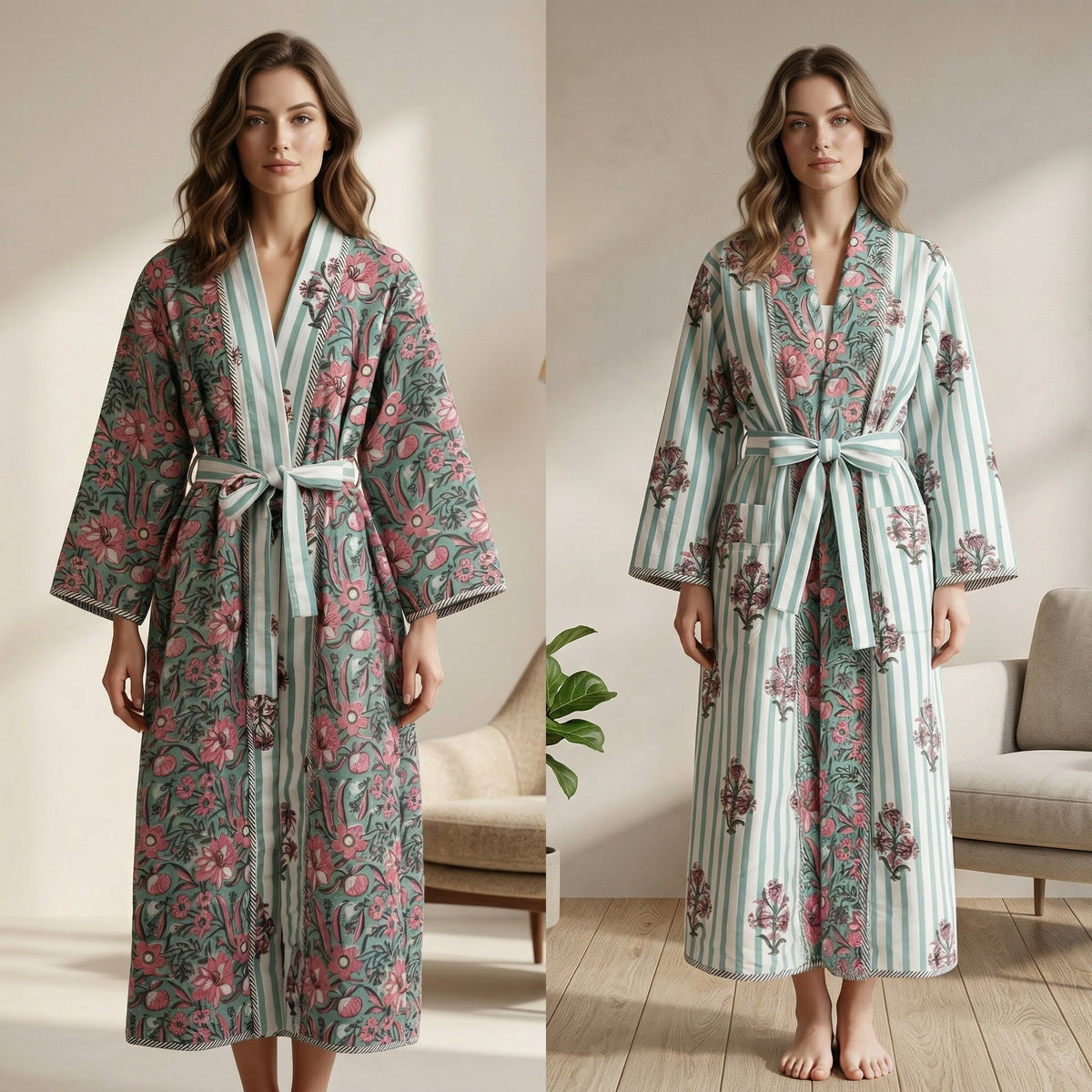 Reversible Indian Block Print Kimono | Sage Green & Pink Tulip Motif Cotton Lounge Robe