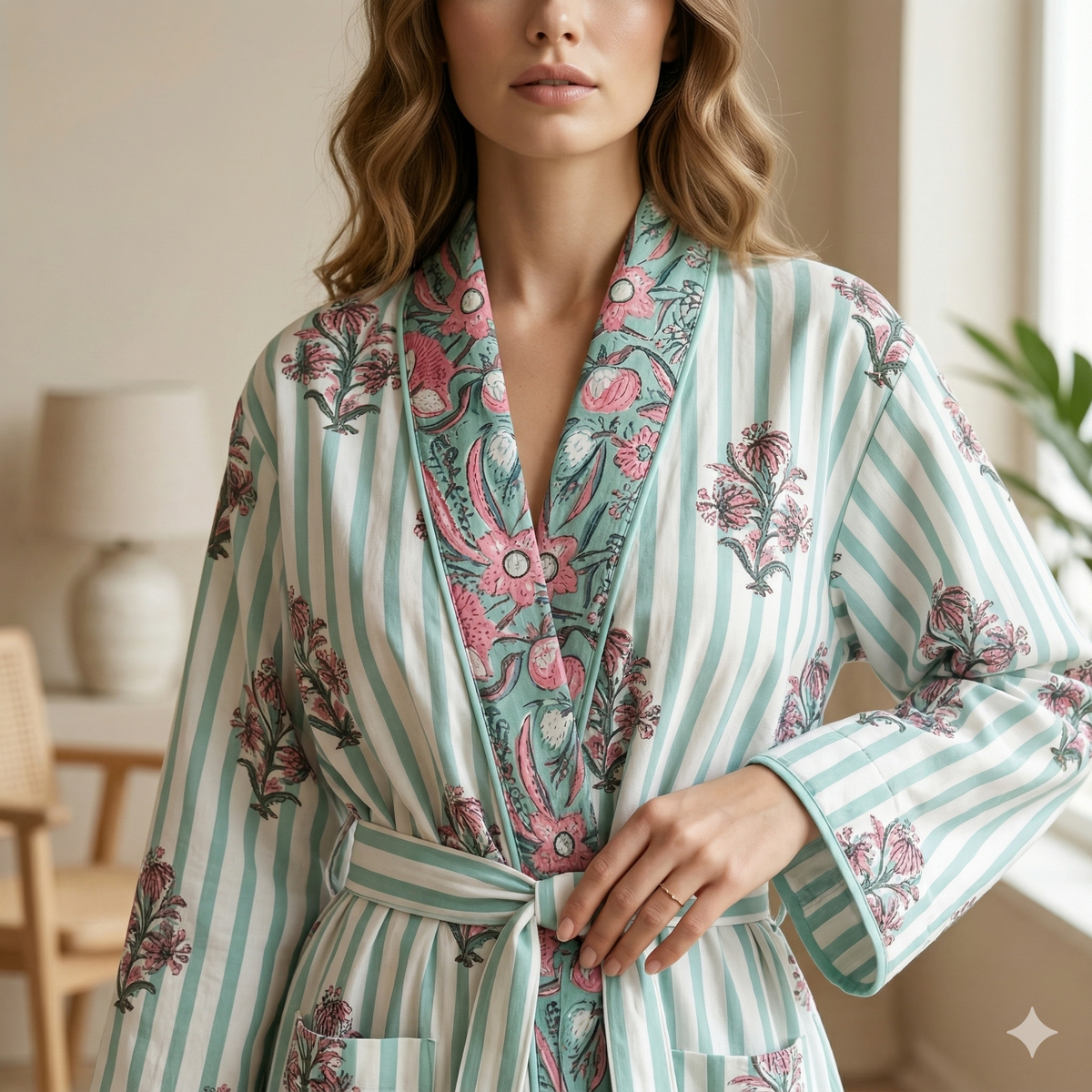 Reversible Indian Block Print Kimono | Sage Green & Pink Tulip Motif Cotton Lounge Robe