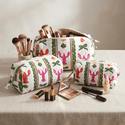 Set Of 3 Makeup Bag, Coastal Lobster Stripe Block Print Cotton Travel Case, Quilted Cosmetic Storage Bag Set