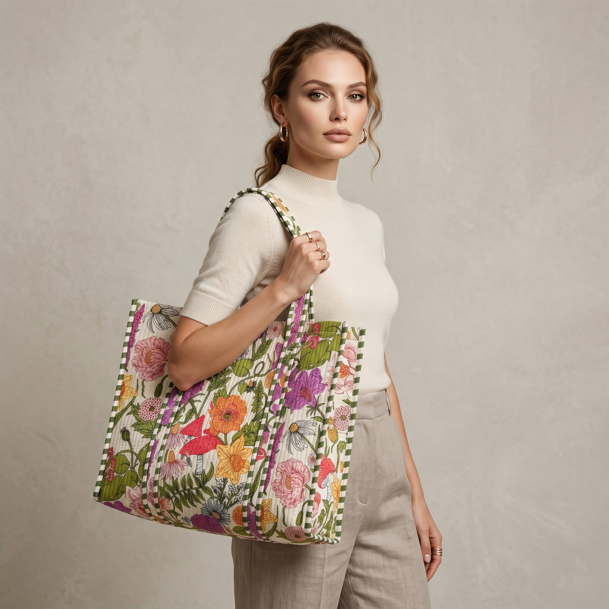 Handmade Cream Wildflower Meadow Block Print Quilted Cotton Tote Bag, Indian Boho Shoulder Bag, Floral Garden Travel Beach Bag