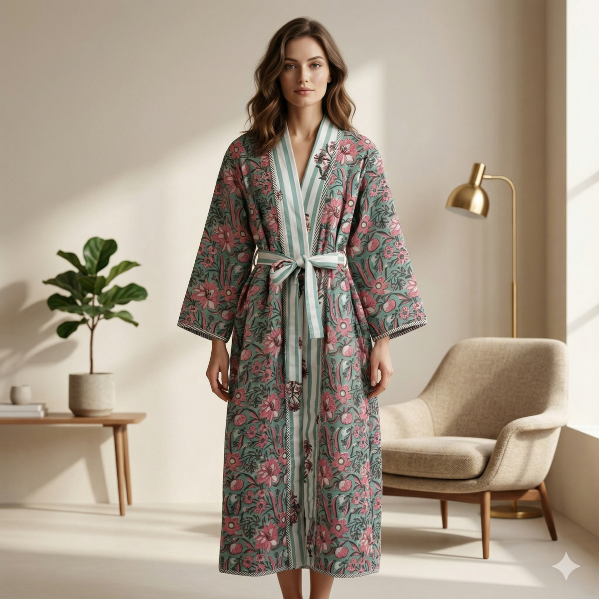 Reversible Block Printed Cotton Bathrobe | Peach & Lavender Floral Motif Spa & Lounge Wrap