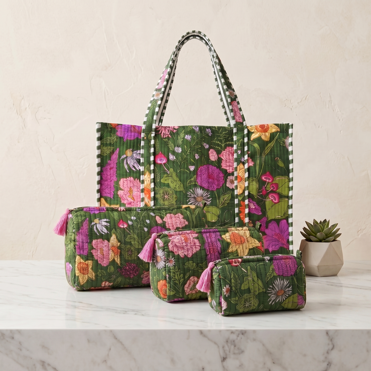 Handmade Cream Wildflower Meadow Block Print Quilted Cotton Tote Bag, Indian Boho Shoulder Bag, Floral Garden Travel Beach Bag