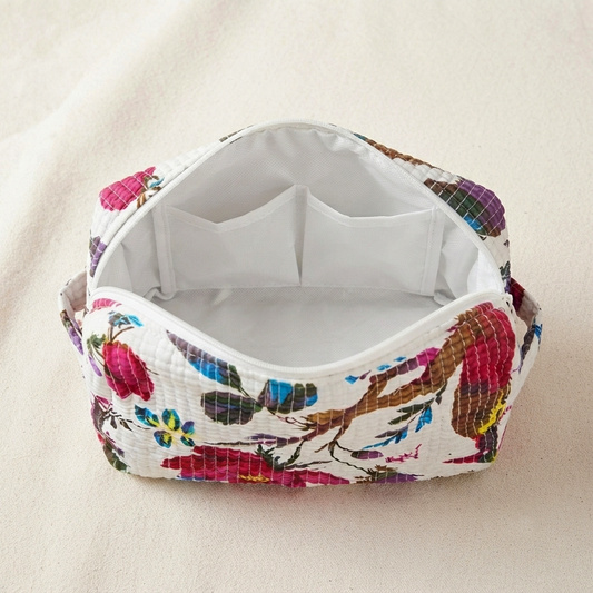 Set Of 3 Makeup Bag, Ivory Blossom Floral Block Print Cotton Travel Case, Quilted Cosmetic Storage Bag Set