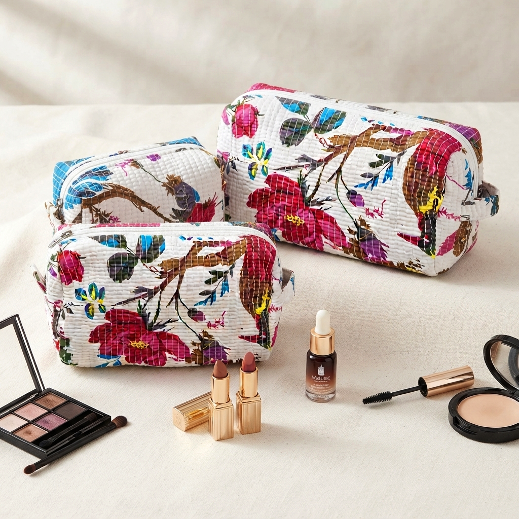 Set Of 3 Makeup Bag, Ivory Blossom Floral Block Print Cotton Travel Case, Quilted Cosmetic Storage Bag Set