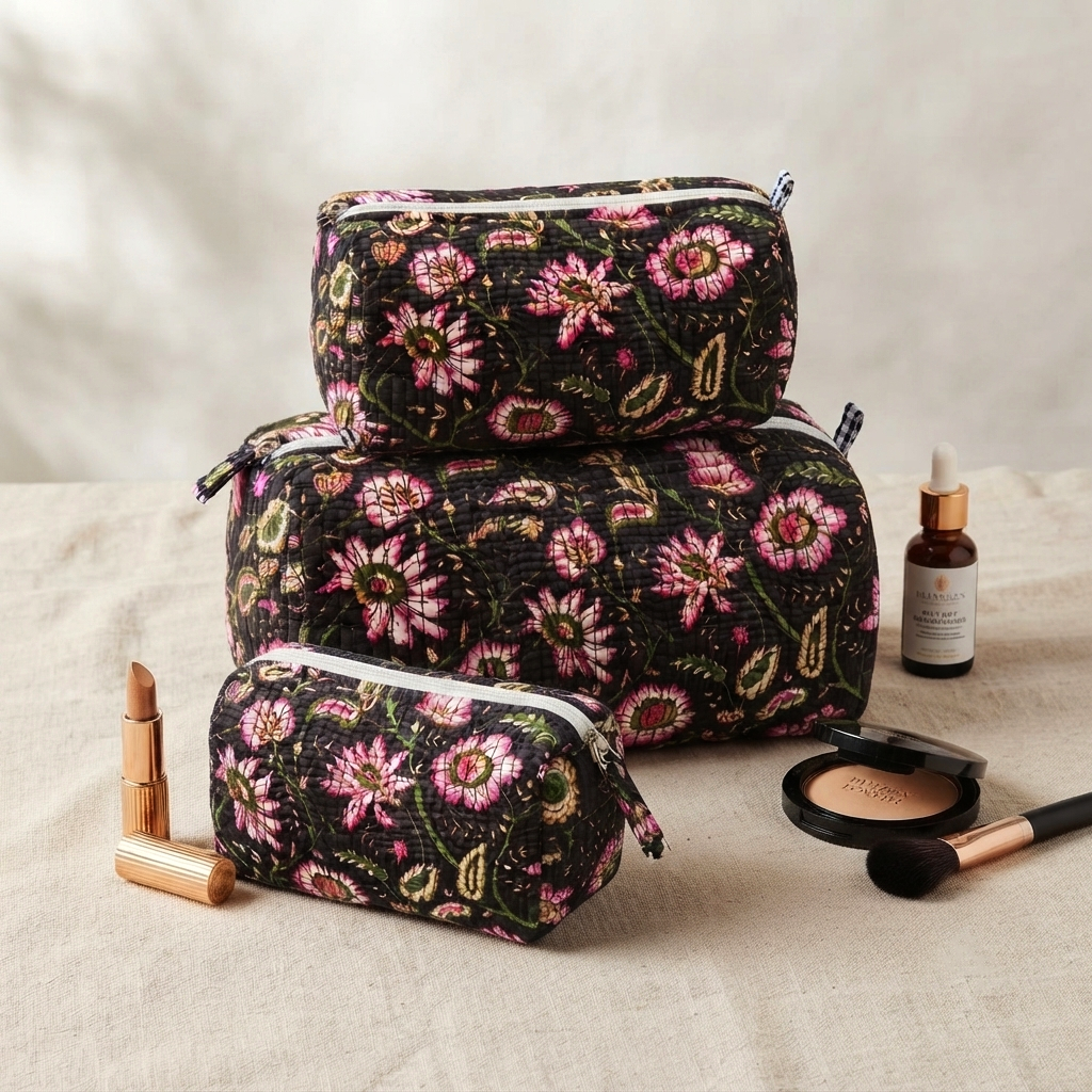 Set Of 3 Makeup Bag, Midnight Blossom Floral Block Print Cotton Travel Case, Quilted Cosmetic Storage Bag Set