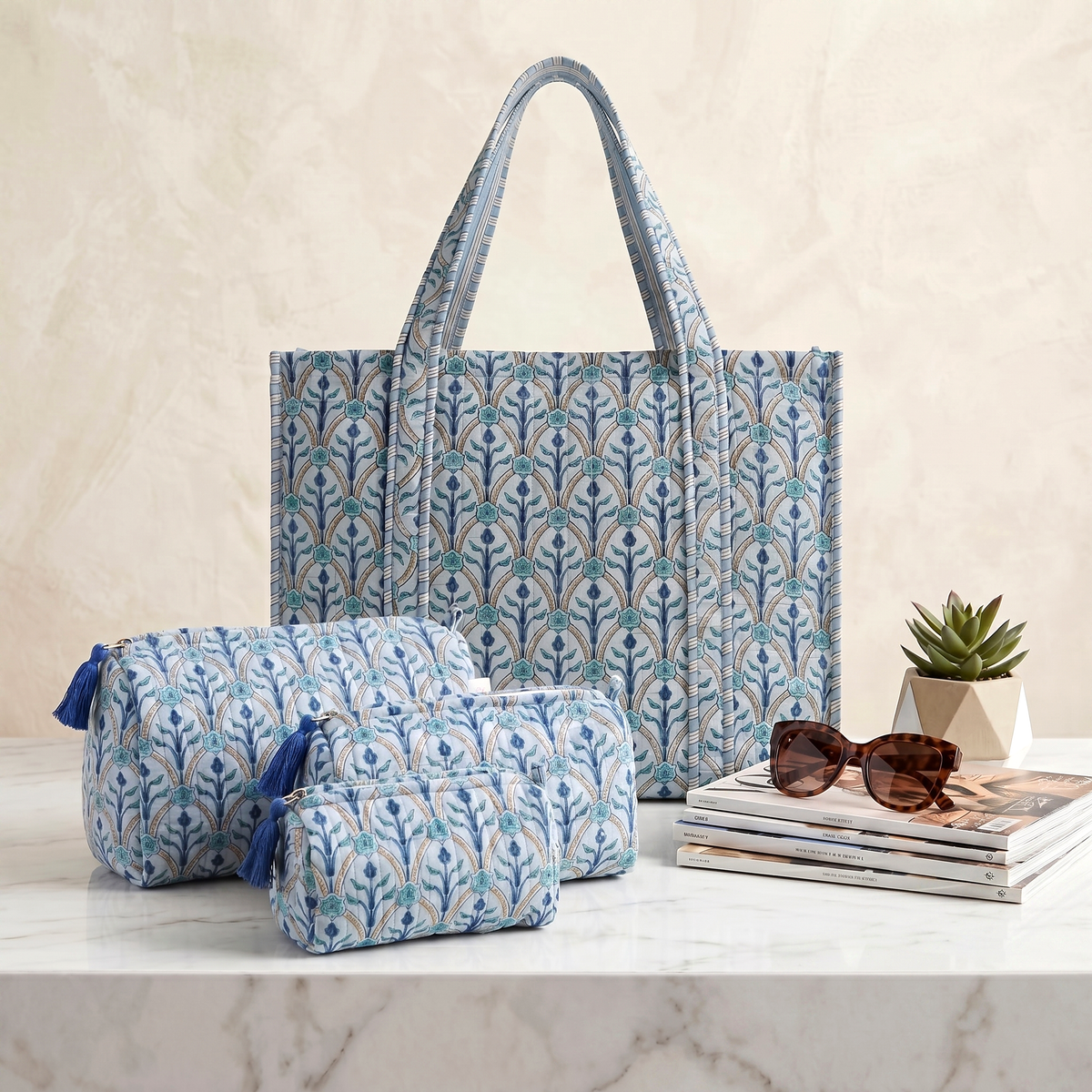 Handmade Light Blue Arch Lattice Quilted Cotton Tote Bag, Indian Block Print Geometric Boho Shoulder Bag, Minimalist Travel Beach Bag