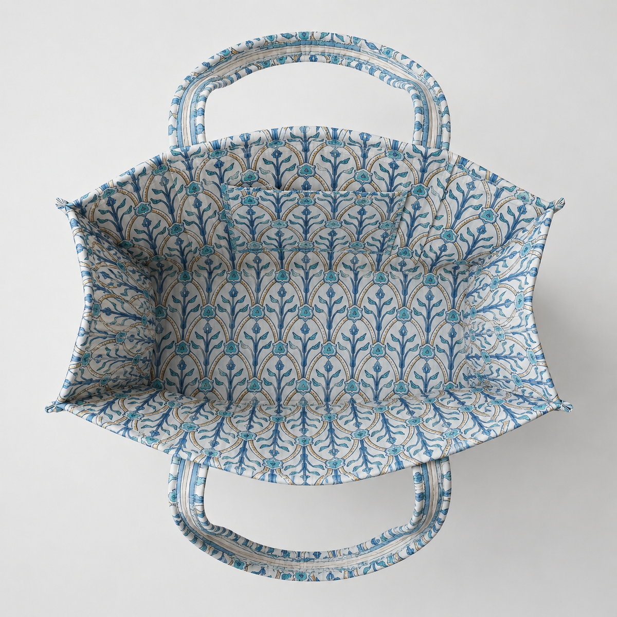 Handmade Light Blue Arch Lattice Quilted Cotton Tote Bag, Indian Block Print Geometric Boho Shoulder Bag, Minimalist Travel Beach Bag