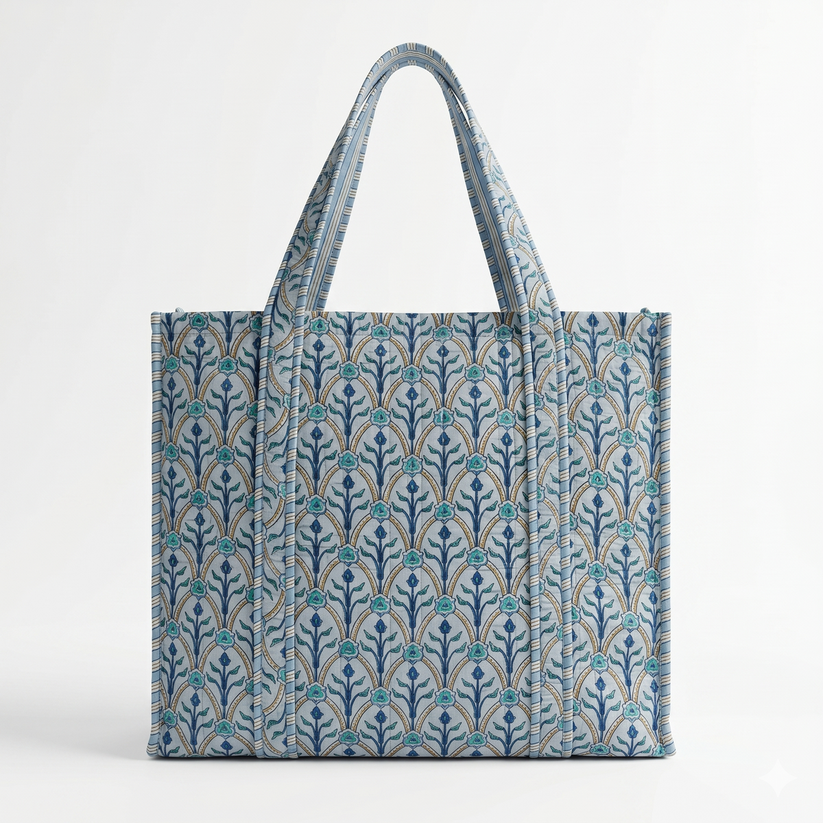 Handmade Light Blue Arch Lattice Quilted Cotton Tote Bag, Indian Block Print Geometric Boho Shoulder Bag, Minimalist Travel Beach Bag