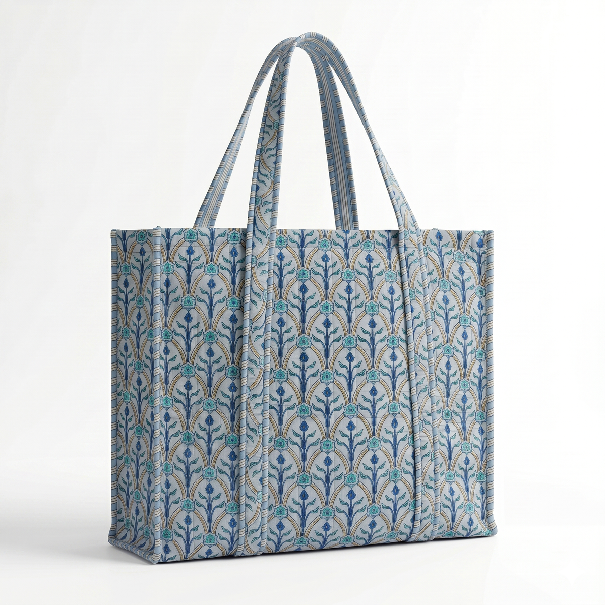 Handmade Light Blue Arch Lattice Quilted Cotton Tote Bag, Indian Block Print Geometric Boho Shoulder Bag, Minimalist Travel Beach Bag
