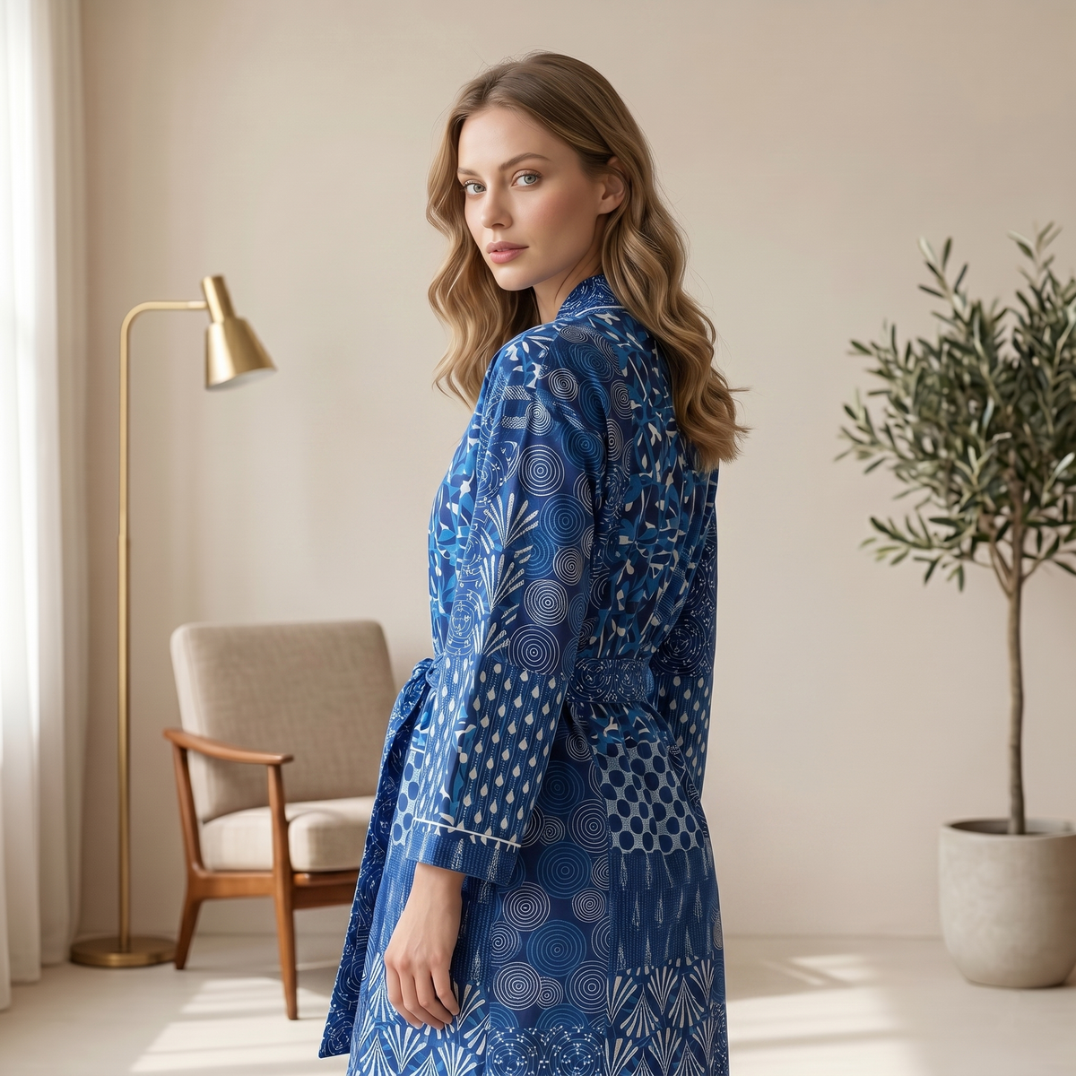 Indigo Blue Patchwork Print Cotton Kimono | Geometric Block Pattern Spa Robe & Lounge Wrap