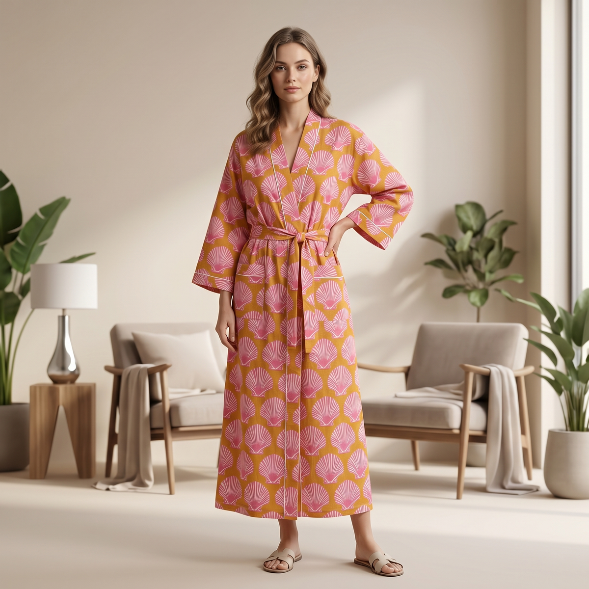 Rose Pink Cotton Kimono Bathrobe | Sage Green Seashell Print Beach Resort Lounge Robe