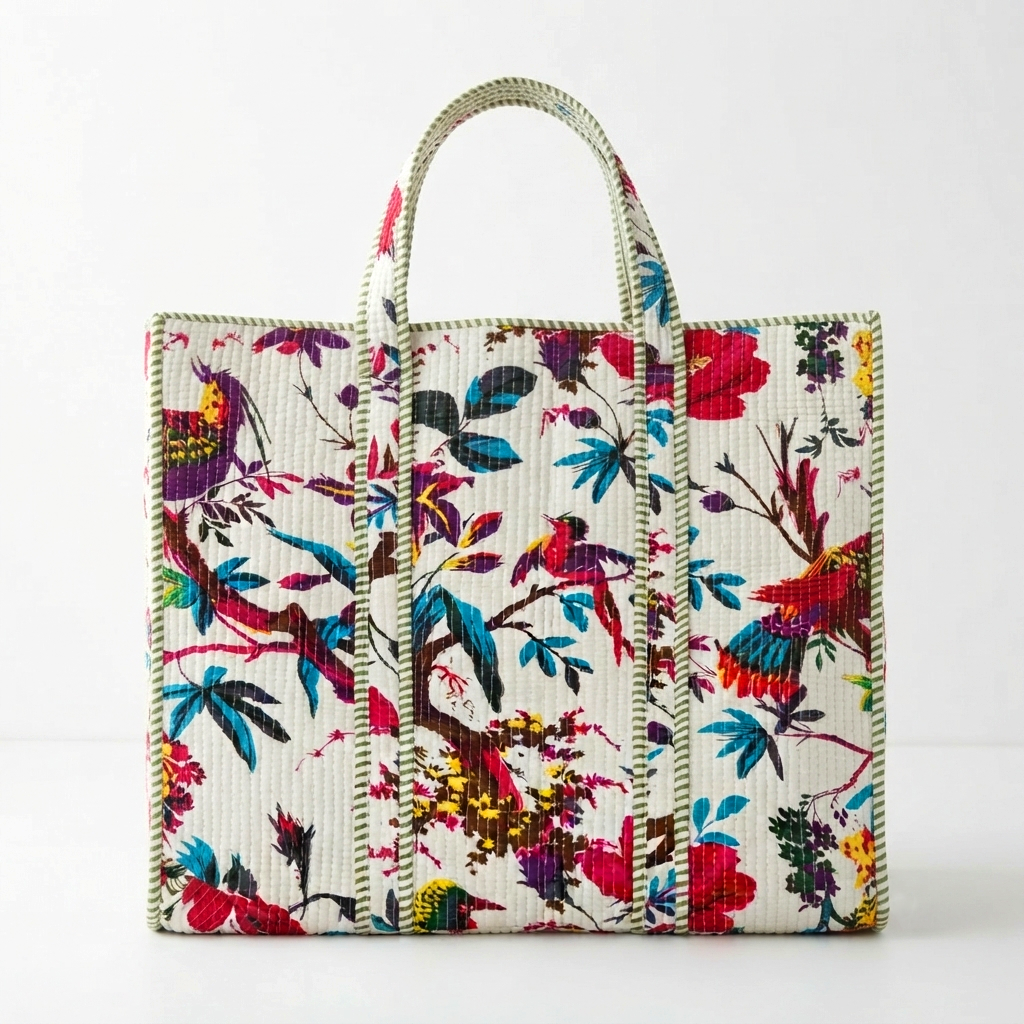 Handmade Multi Birds Print Quilted Cotton Tote Bag, Indian Block Print Chintz Boho Shoulder Bag, Tropical Floral Travel Beach Bag