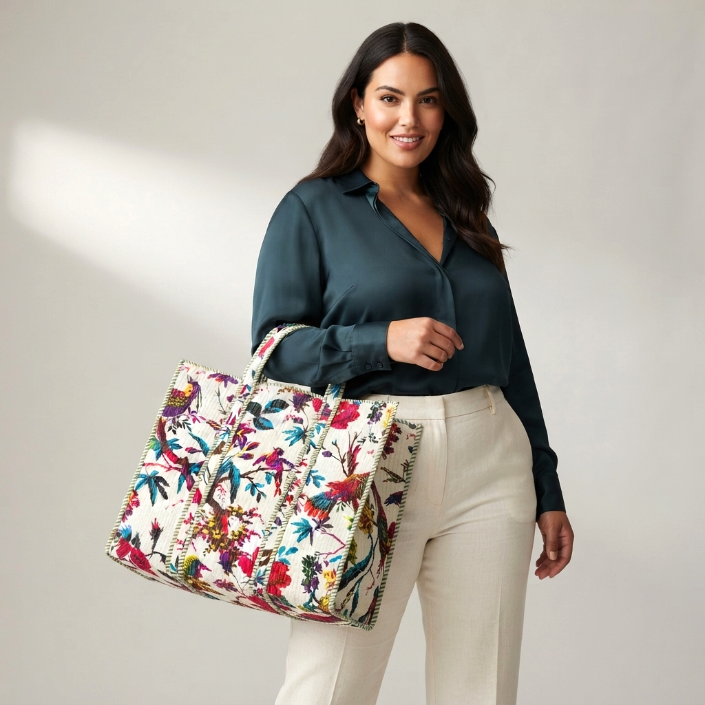 Handmade Multi Birds Print Quilted Cotton Tote Bag, Indian Block Print Chintz Boho Shoulder Bag, Tropical Floral Travel Beach Bag
