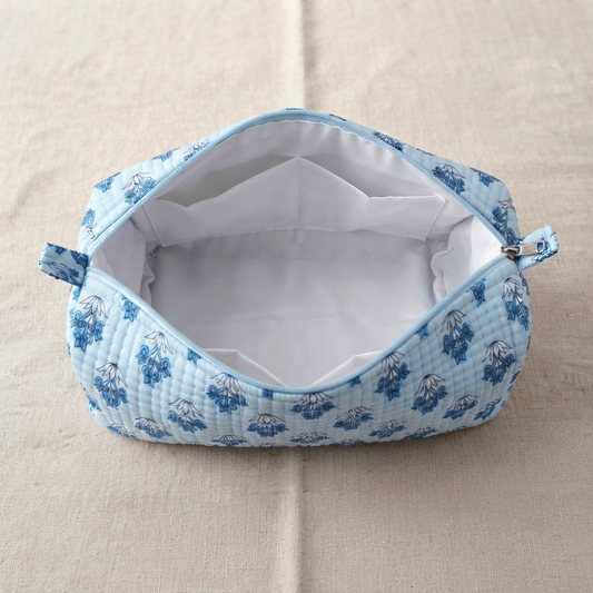 Set Of 3 Makeup Bag, Azure Floral Block Print Cotton Travel Case, Quilted Cosmetic Storage Bag Set