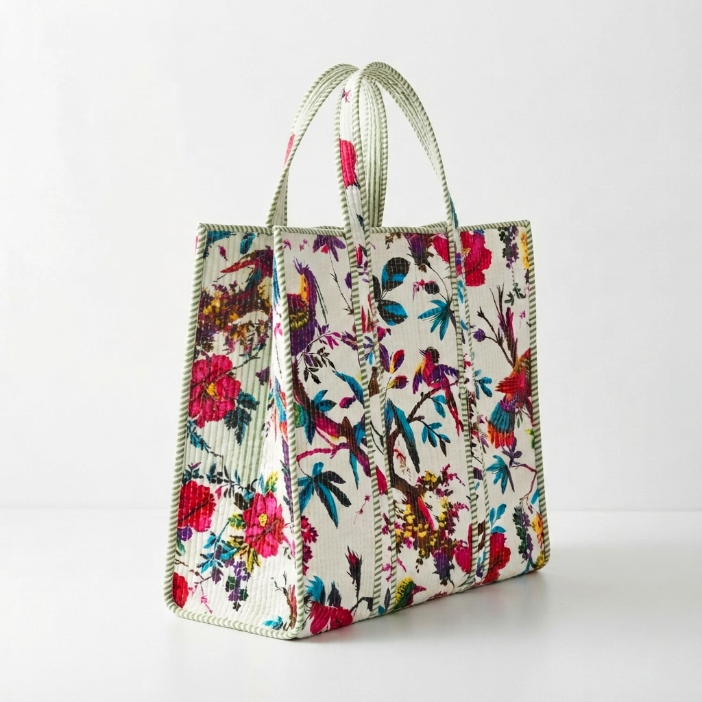 Handmade Multi Birds Print Quilted Cotton Tote Bag, Indian Block Print Chintz Boho Shoulder Bag, Tropical Floral Travel Beach Bag