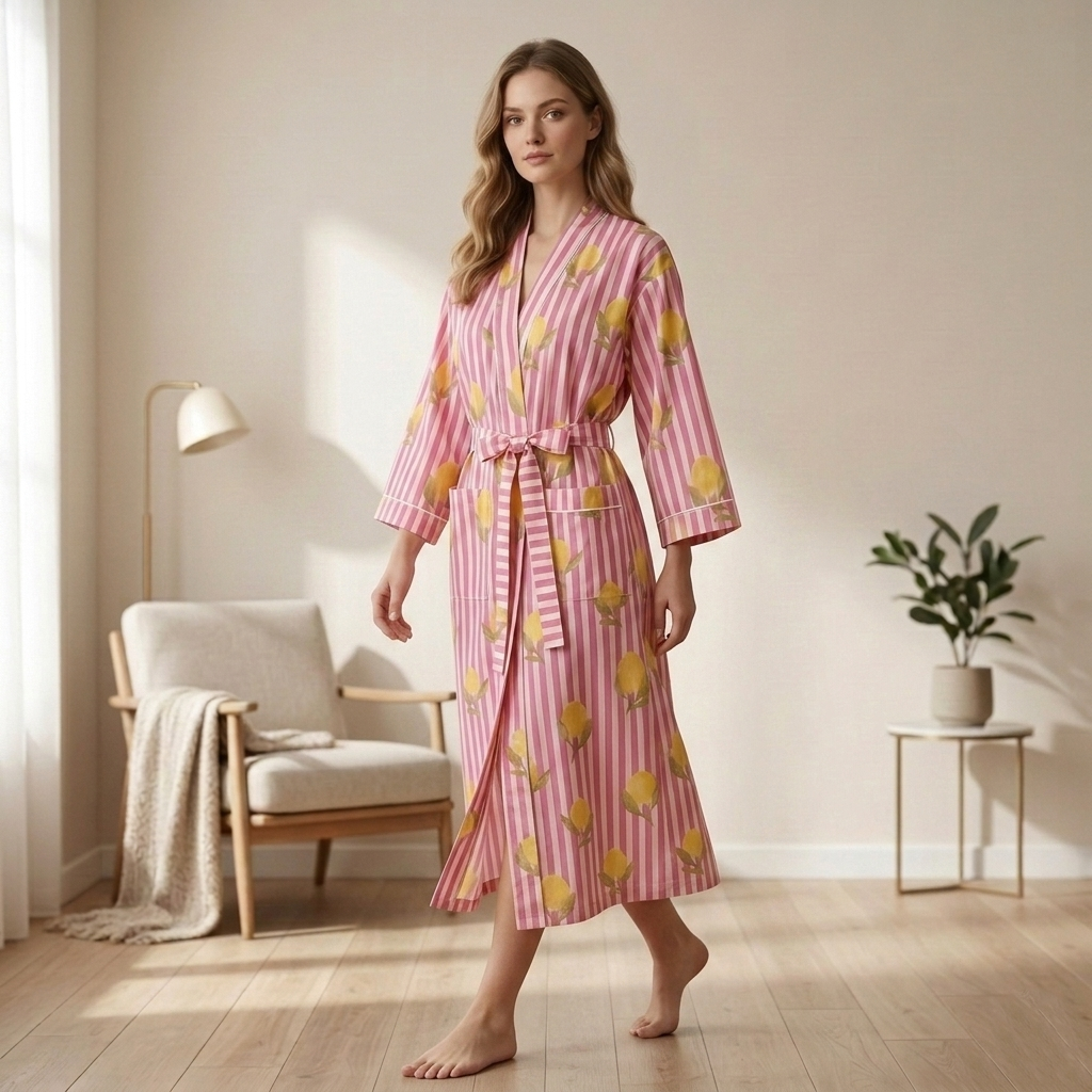 Pink & Light Pink Striped Cotton Kimono | Citrus Lemon Print Block Lounge Robe & Sleepwear