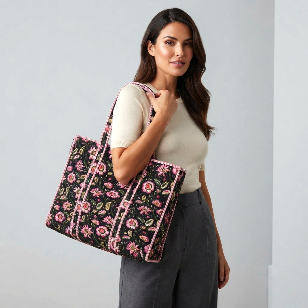 Handmade Black Pink Floral Block Print Quilted Cotton Tote Bag, Indian Boho Shoulder Bag, Botanical Travel Shopping Beach Bag