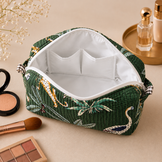 Set Of 3 Makeup Bag, Jungle Swan Tropical Block Print Cotton Travel Case, Quilted Cosmetic Storage Bag Set