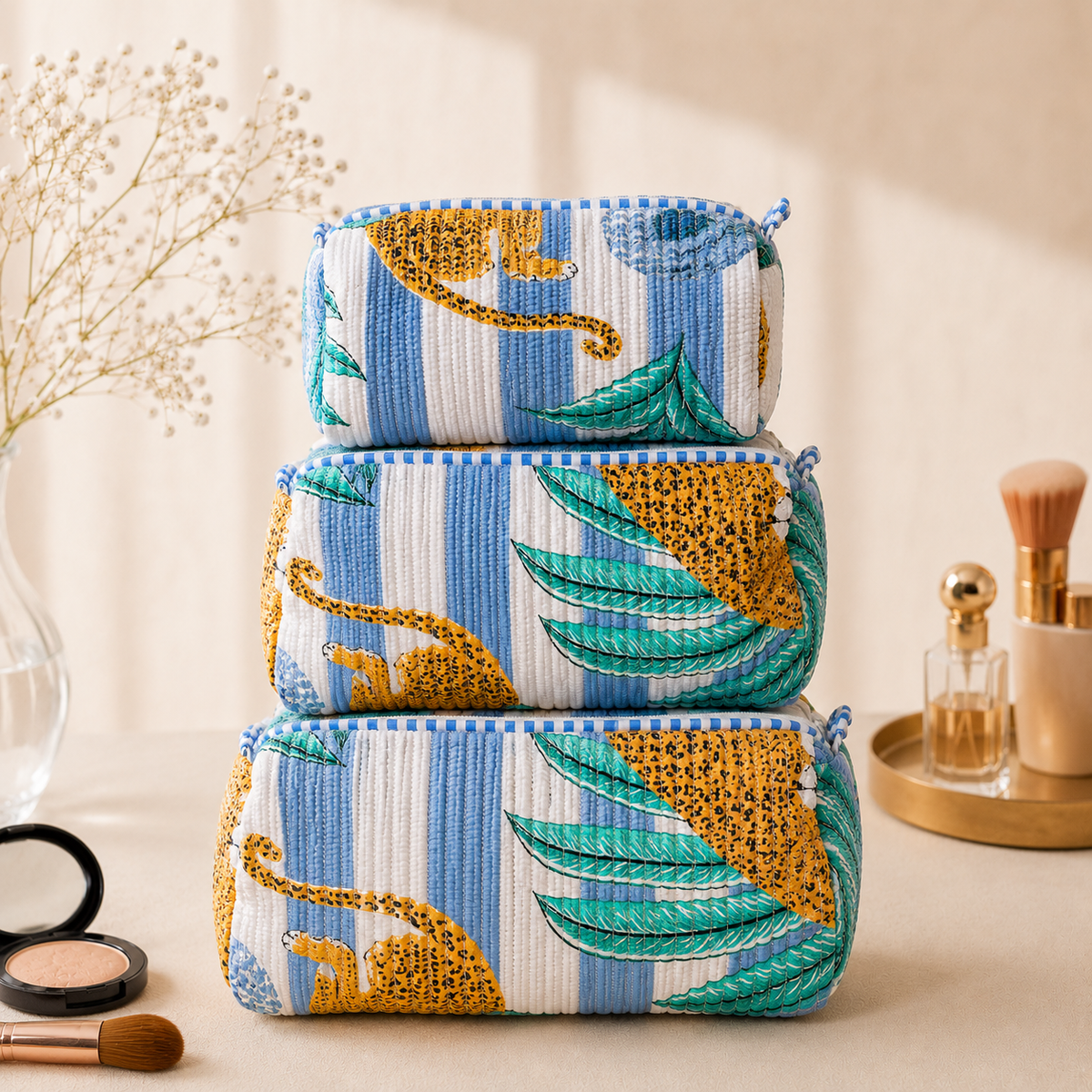 Set Of 3 Makeup Bag, Blue Leopard Stripe Block Print Cotton Travel Case, Quilted Cosmetic Storage Bag Set