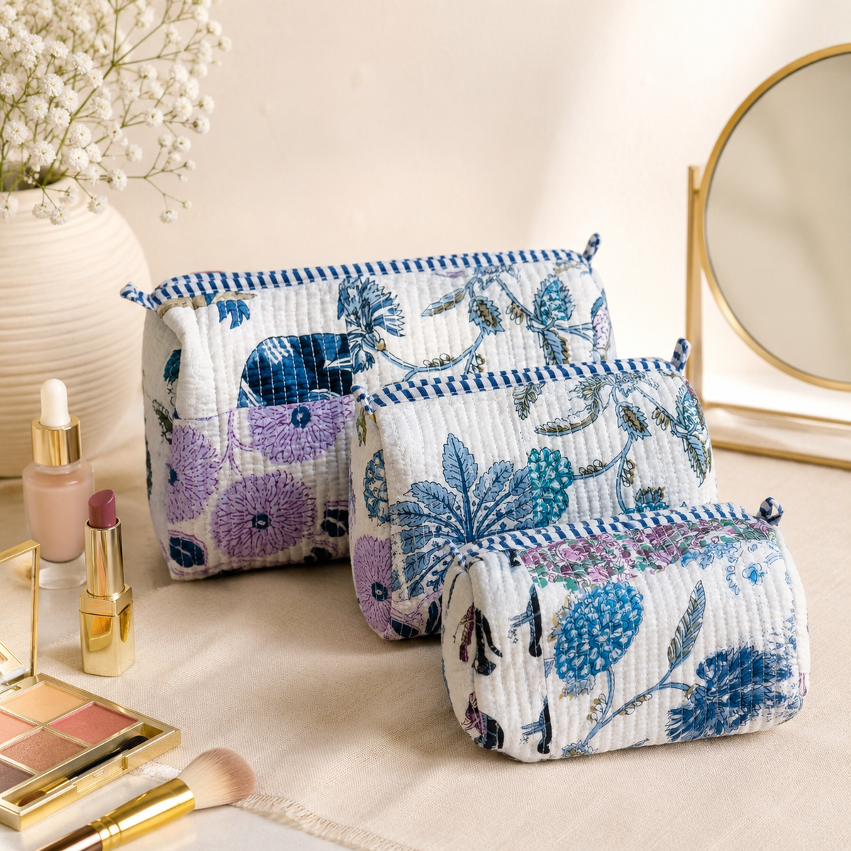 Set Of 3 Makeup Bag, Coastal Garden Patchwork Block Print Cotton Travel Case, Quilted Cosmetic Storage Bag Set